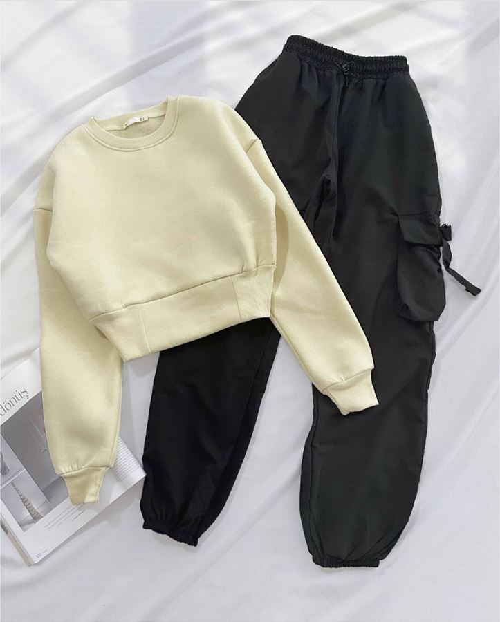 Bej Korsel Bel Detay Kısa Sweat