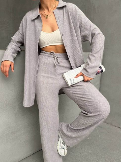 Gri Gofre Gömlek Takım