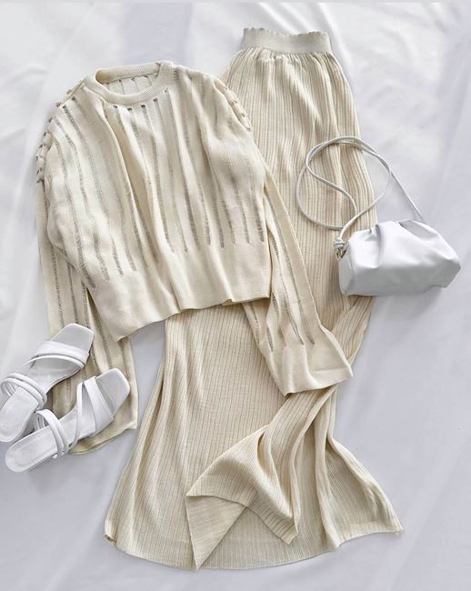 Bej Triko Uzun Etek Takım