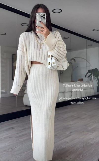 Bej Triko Uzun Etek Takım