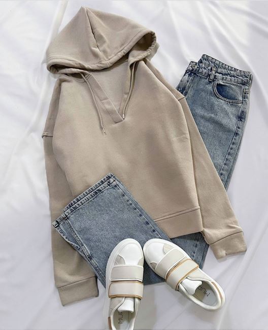 Bej Kapüşonlu 3 İplik Sweat