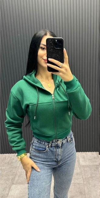 Yeşil 3 İplik Kapüşonlu Ceket
