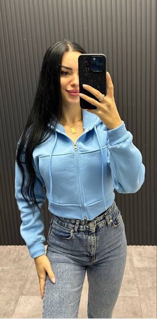 Mavi 3 İplik Kapüşonlu Ceket