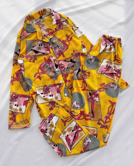 Sarı Desenli Düğmeli Pijama Takımı