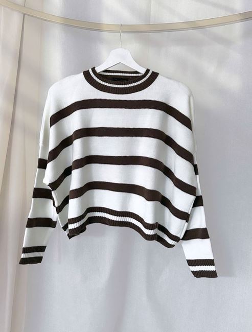 Koyu Kahverengi Şerit Detay Crop Kazak