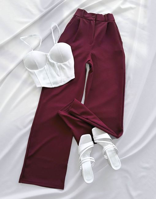 Bordo Tek Düğme Palazzo Pantolon