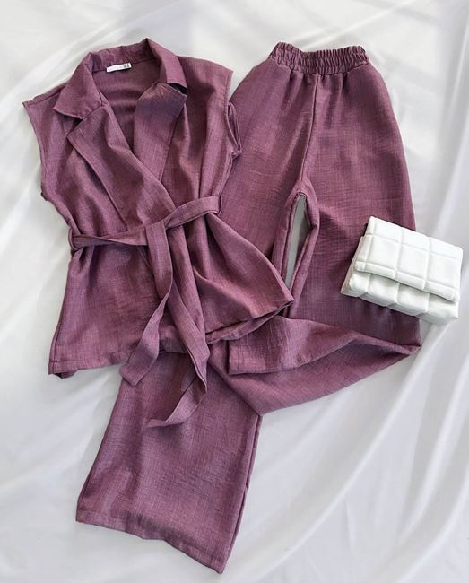 Pembe Kemer Detay Yelek Takım