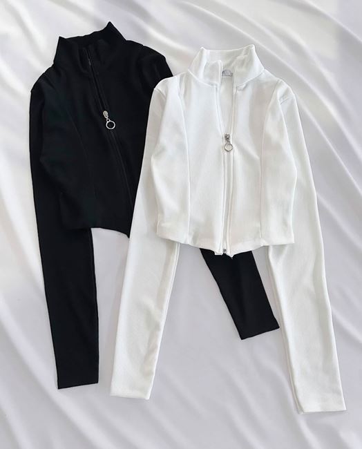 Siyah Fermuar Detay Crop