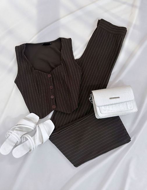 Koyu Kahverengi Çizgili Yelek Takım