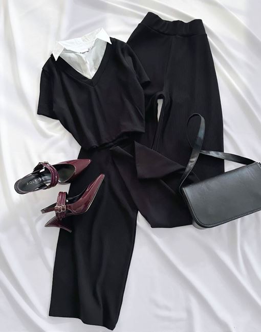 Siyah Kısa Kol Gömlek Yaka Pantolon Takım