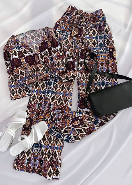 Kahverengi Etnik Desen Kruvaze Pantolon Takım