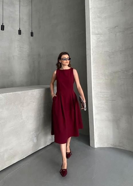 Bordo Midi Cepli Elbise