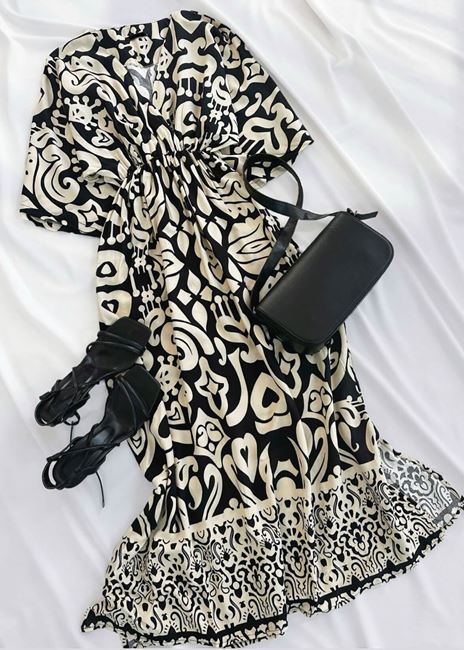 Siyah Desenli Kruvaze Lastik Bel Elbise