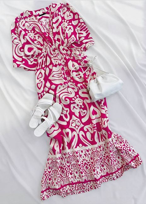 Pembe Desenli Kruvaze Lastik Bel Elbise