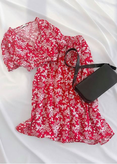 Kırmızı Çiçekli Kruvaze Lastik Bel Etek Takım