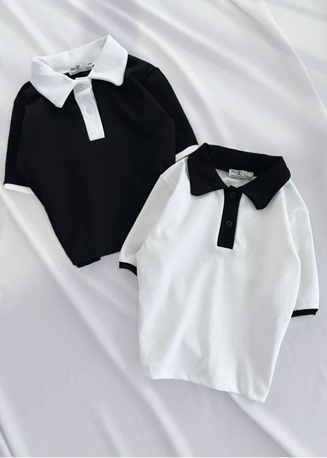 Beyaz Prlt Polo Yaka Düğmeli Crop