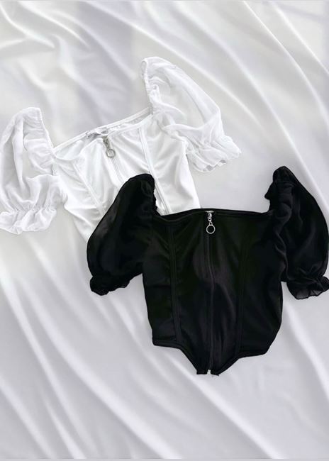 Beyaz Tül Kol Fermuarlı Crop