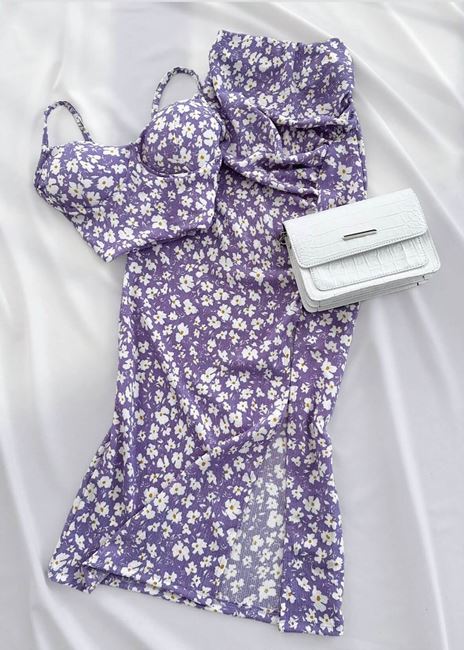 Lila Çiçekli Gloplu Etek Takım