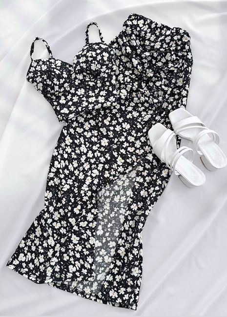 Siyah Çiçekli Gloplu Etek Takım