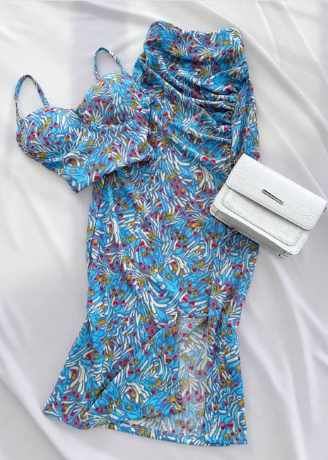 Mavi Desenli Gloplu Etek Takım