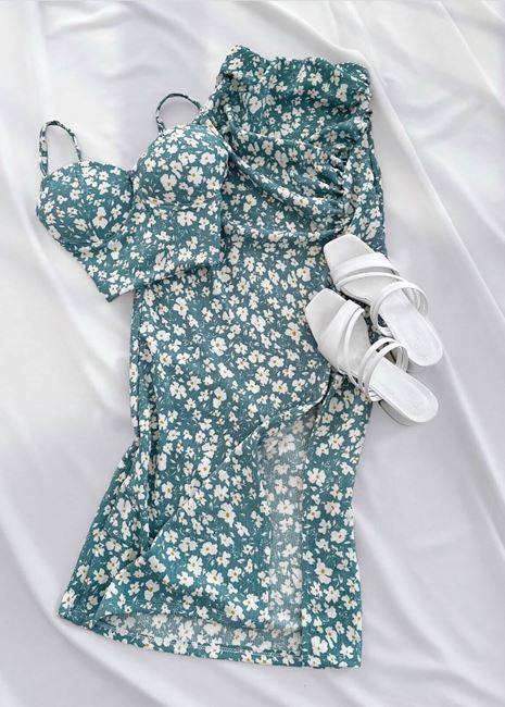 Yeşil Çiçekli Gloplu Etek Takım