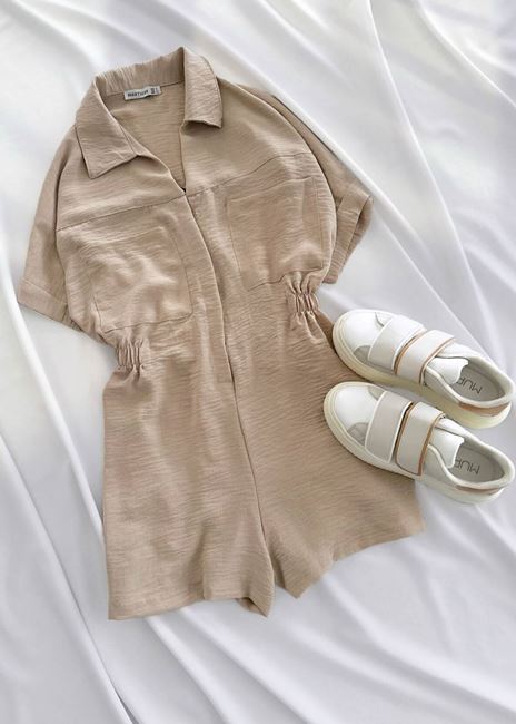 Bej Lastik Bel Şort Tulum