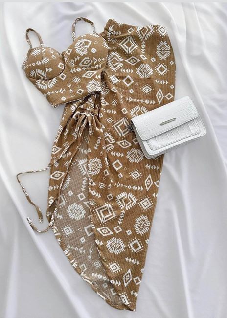 Bej etnik Desenli Glop Detay  Etek Takım