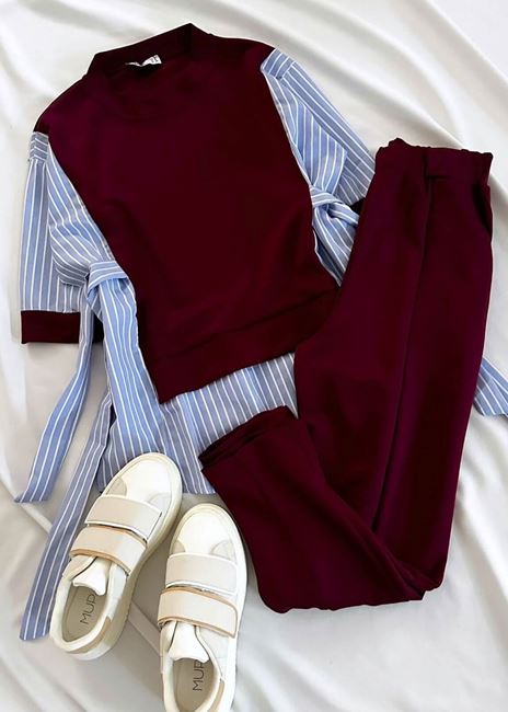 Bordo Gömlek Bağlama Detay Pantolon Takım