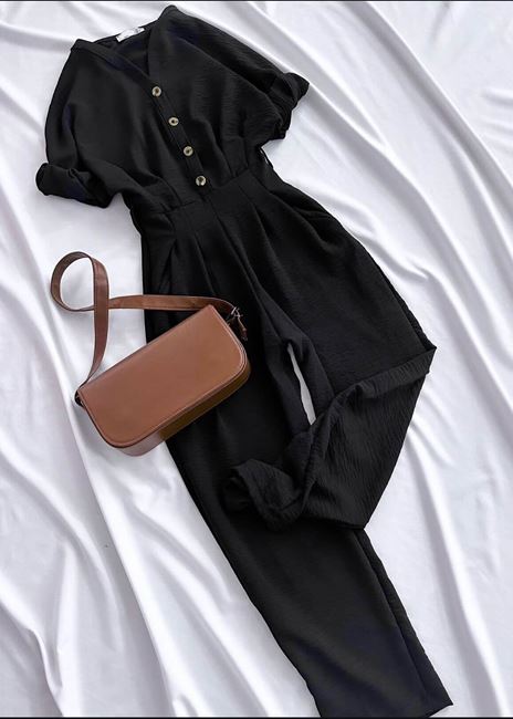 Siyah Düğme Bel Detay Tulum