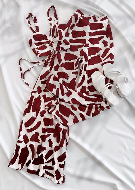 Bordo Yıkama Desen Crop Pantolon Takım