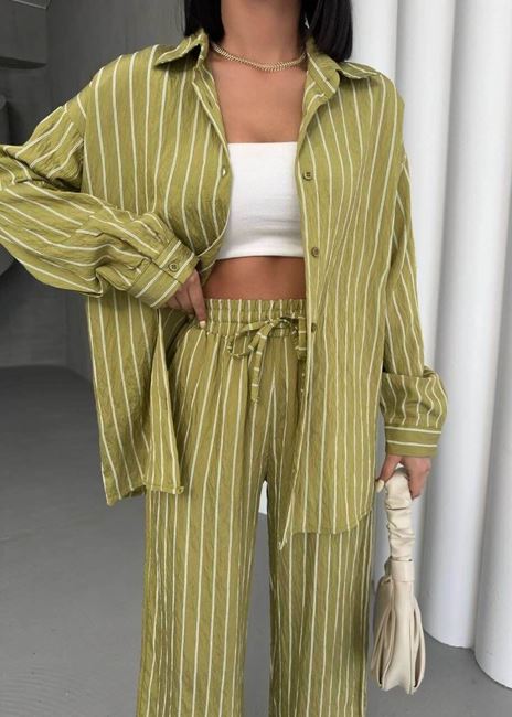Yeşil Çizgi Desen Gömlek Pantolon Takım