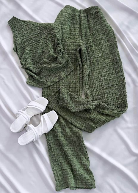 Yeşil Tek Omuz Gofre Takım