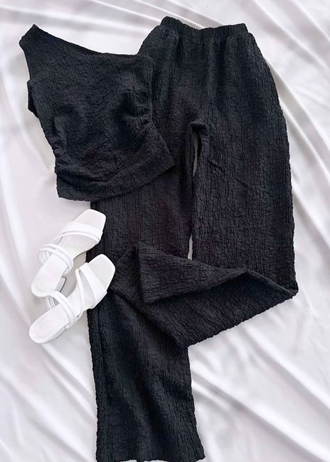 Siyah Tek Omuz Gofre Takım
