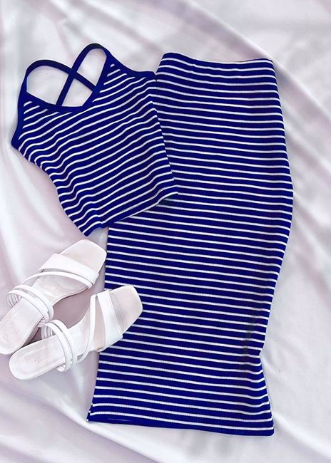 Mavi Çapraz Sırt Detay Etek Takım