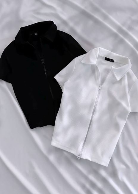 Beyaz Kısa Kol Fermuar Detay Bluz