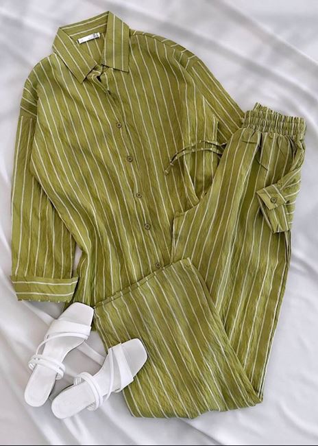 Yeşil Çizgi Desen Gömlek Pantolon Takım