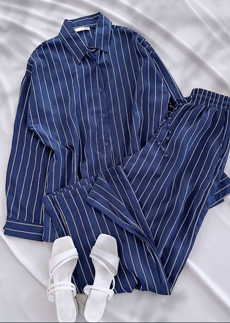Mavi Çizgi Desen Gömlek Pantolon Takım