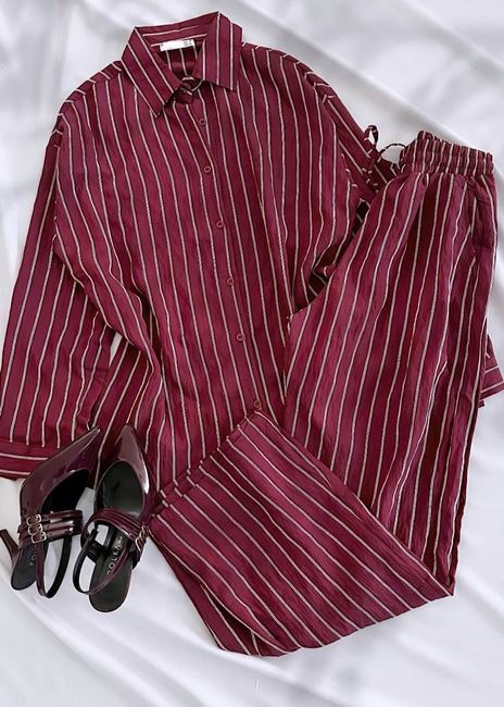 Bordo Çizgi Desen Gömlek Pantolon Takım