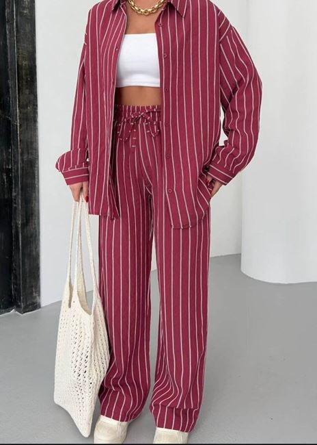 Bordo Çizgi Desen Gömlek Pantolon Takım