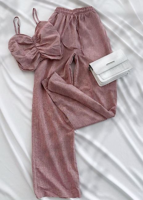 Pembe Crop Büzgülü Takım