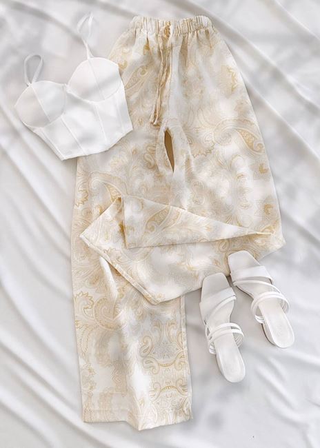 Bej Etnik Desenli Bol Pantolon