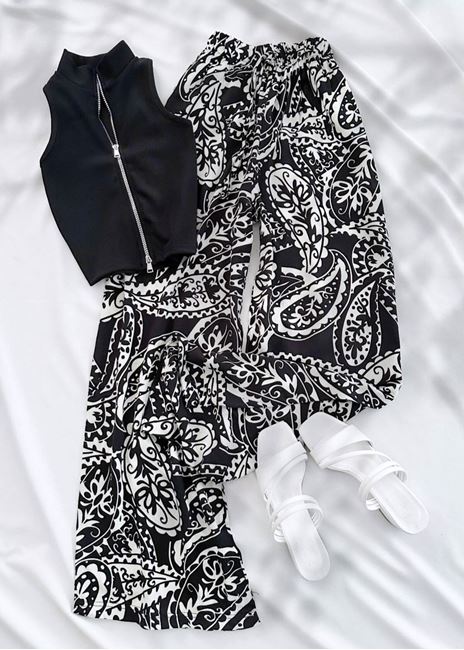 Siyah Rq Desenli Bol Pantolon