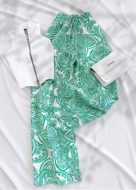 Yeşil Etnik Desenli Bol Pantolon