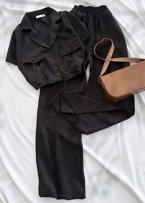 Siyah Büzgülü Gömlek Takım