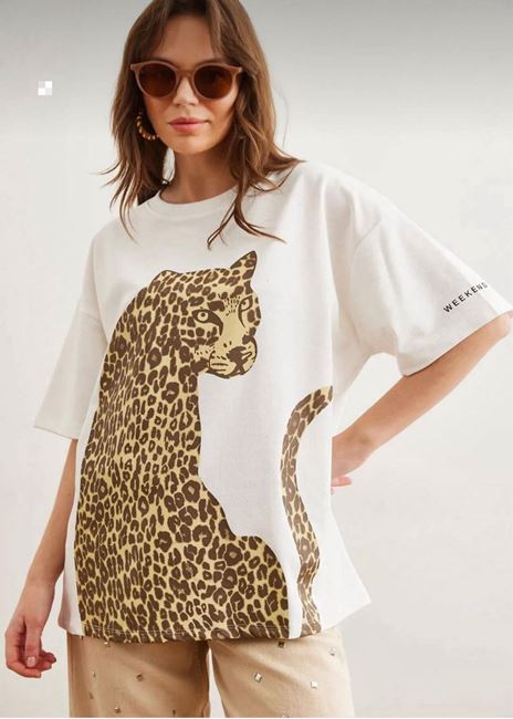 Beyaz Leopar Desen Tişört