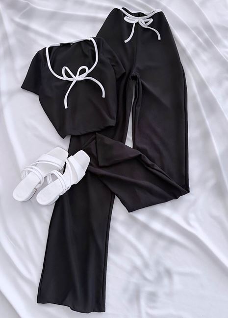 Siyah Biyeli Bağlamalı Pantolon Takım