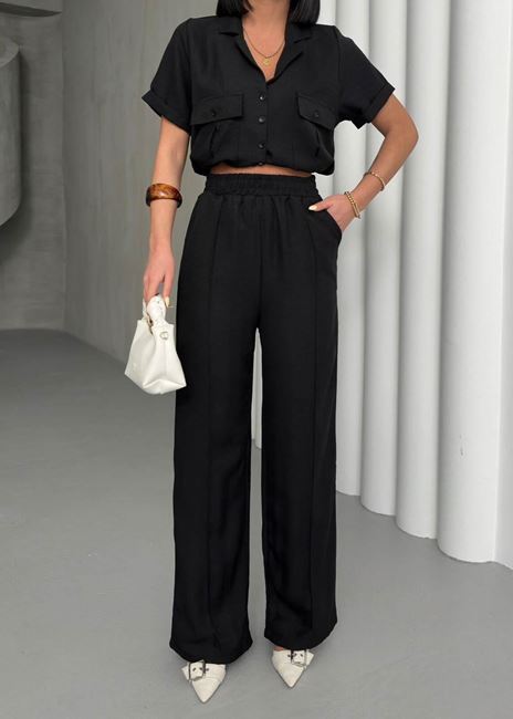 Siyah Büzgülü Gömlek Takım