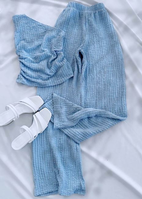 Mavi Tek Omuz Gofre Takım