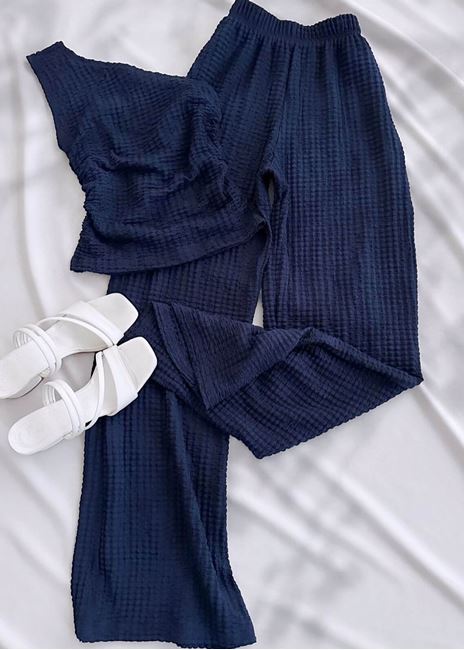 Lacivert Tek Omuz Gofre Takım