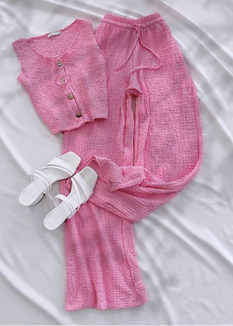 Pembe Emj Gofre Yelek Takım